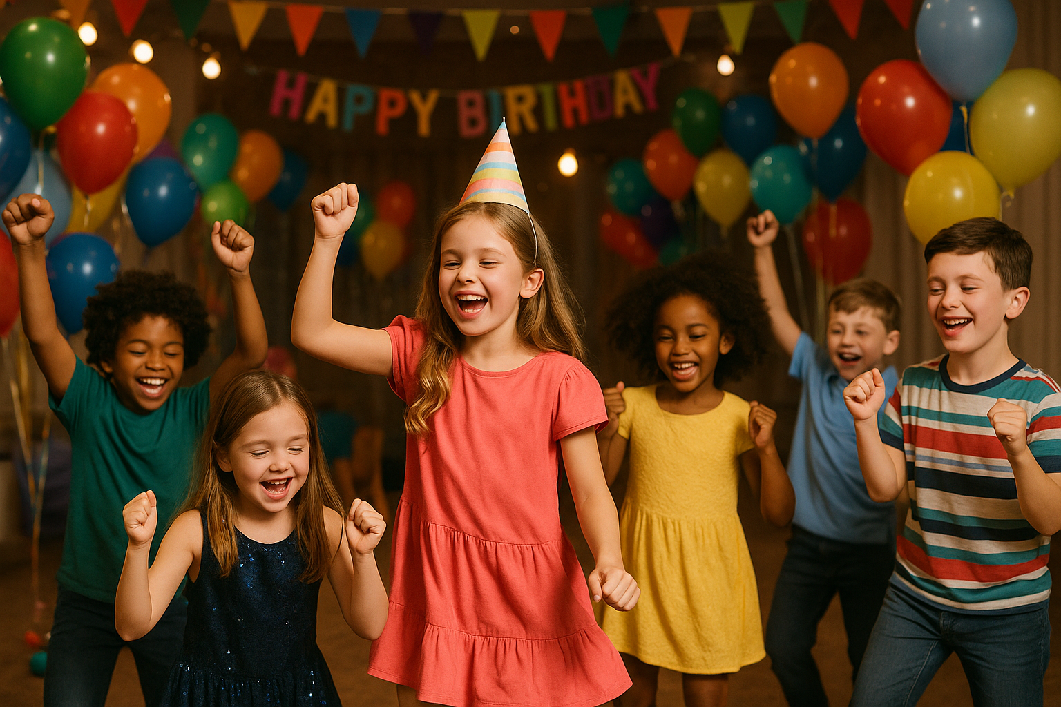 Children celebrate a birthday with joy, wearing colorful clothes and a party hat. They cheer amid balloons and a "Happy Birthday" banner.