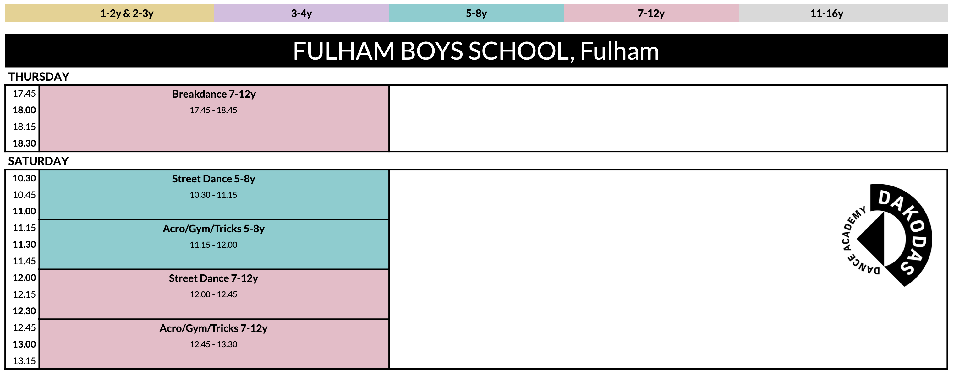 Schedule for Fulham Boys School with time slots and activities, featuring Dakoda logo.