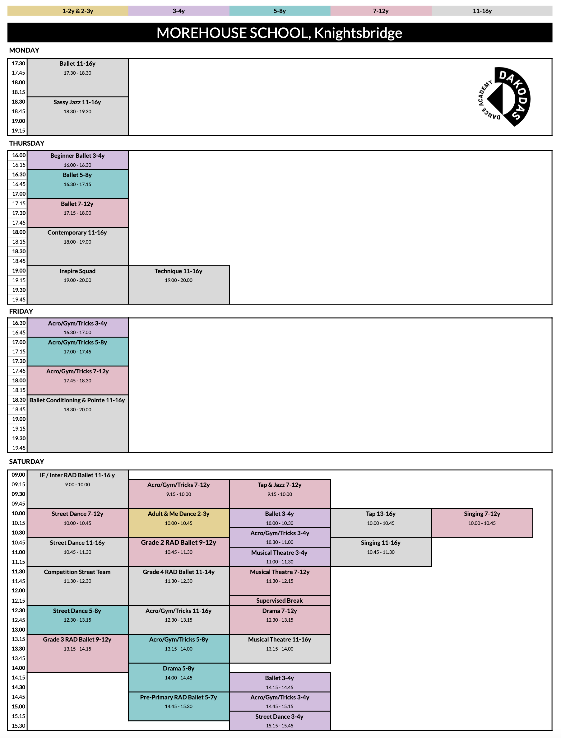 Timetable for Morehouse School, Knightsbridge with various classes and activities listed.