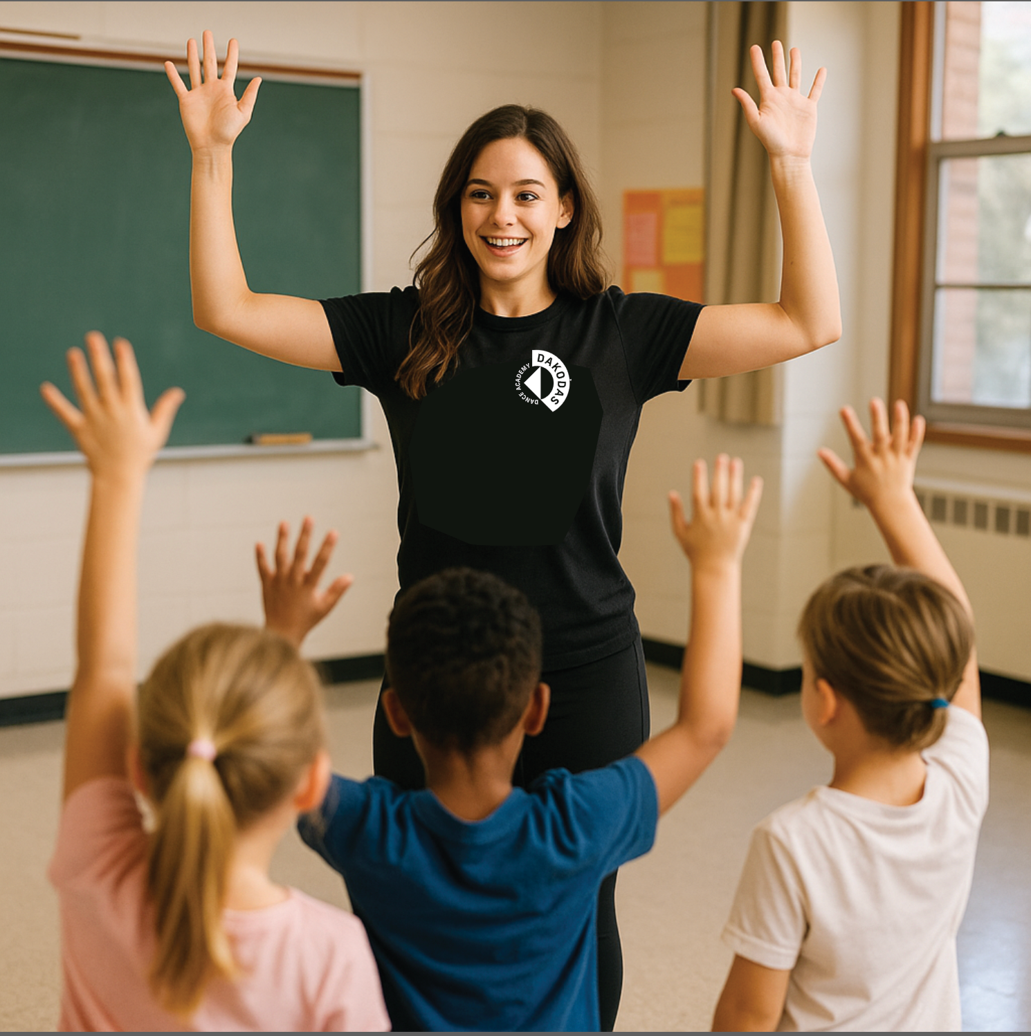 Teacher with raised arms in a classroom with students also raising their hands
