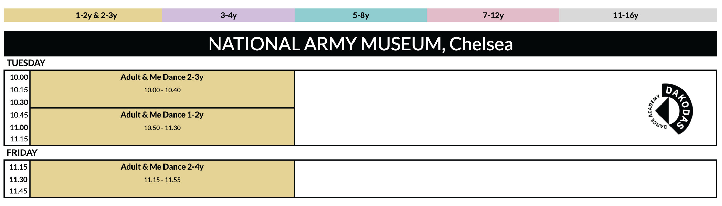 Schedule for National Army Museum, Chelsea with time slots and activities.