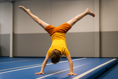 CHILD AGE 12 DOING A CARTWHEEL on an airtrack, in a yellow orange tshirt. realistic
