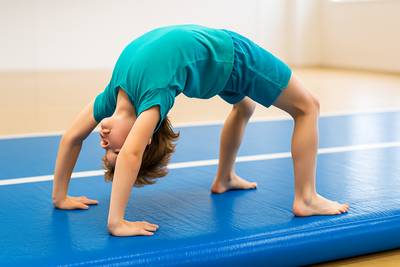 child doing a backbend in a Teal coloured tshirt on an air track. Bright and realistic