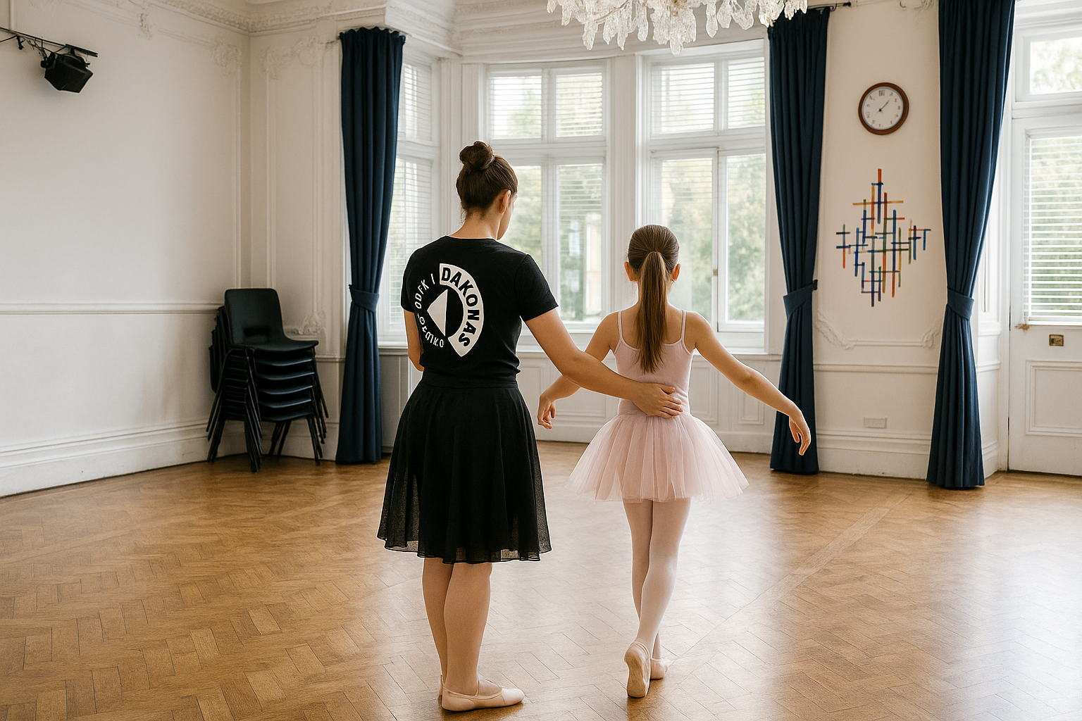 Two dancers in a studio, one in a black dress with a logo, the other in a pink tutu.
