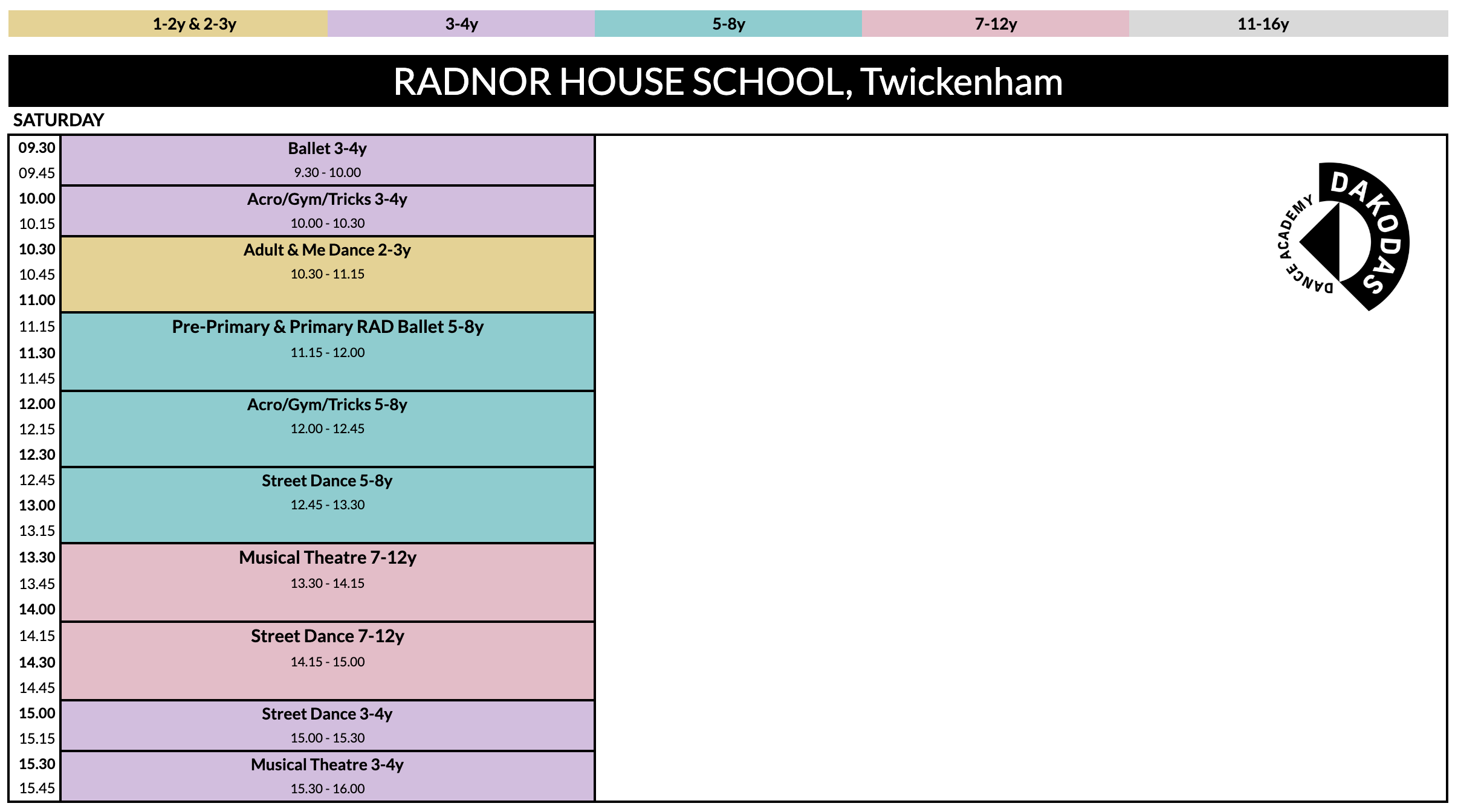 Schedule for Radnor House School, Twickenham with colorful bars indicating different classes and times.