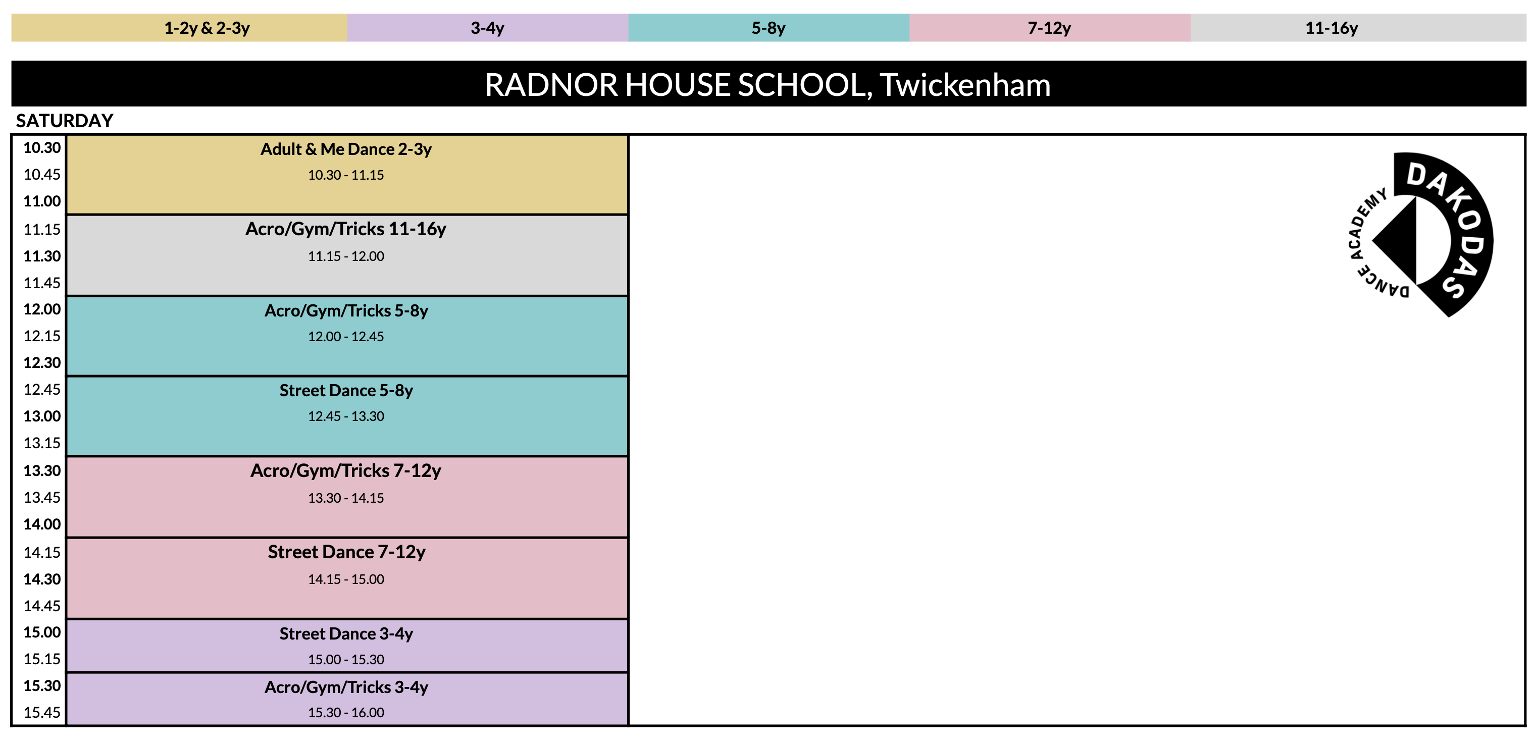 Schedule for Radnor House School with Dakota Dance logo