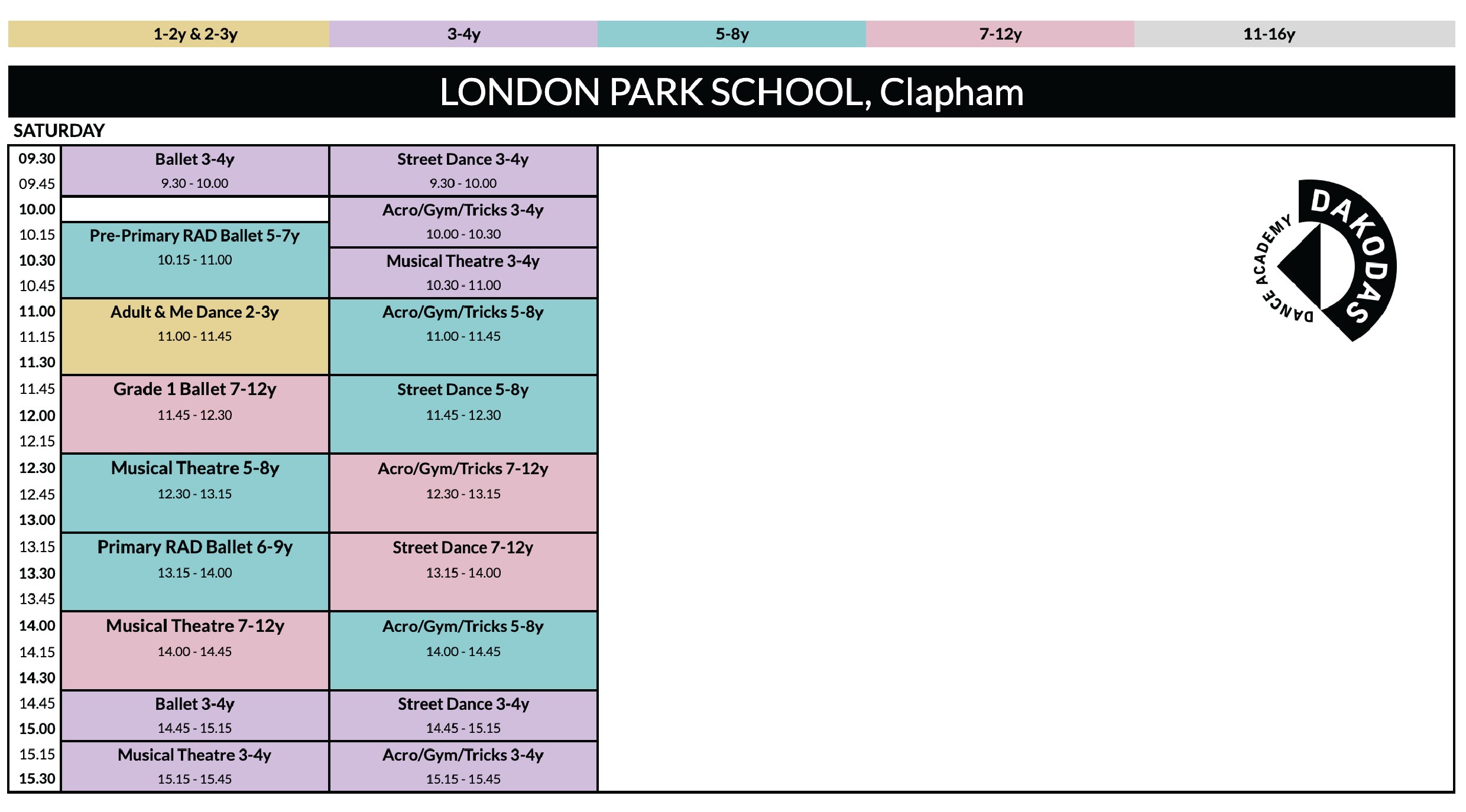 Schedule for London Park School, Clapham with colorful time slots and Dakota's logo.