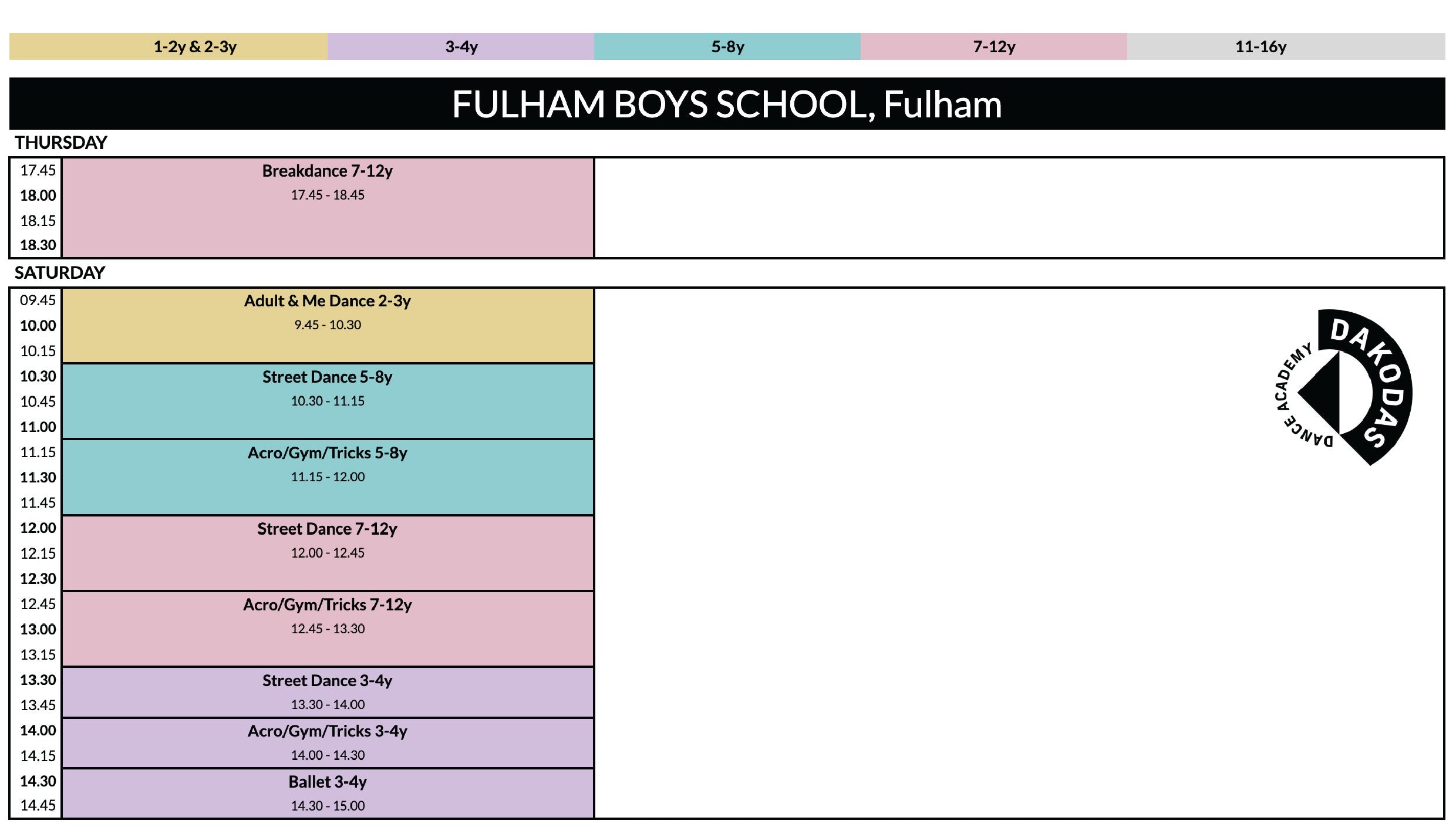Schedule for Fulham Boys School with colorful blocks indicating different activities and times.