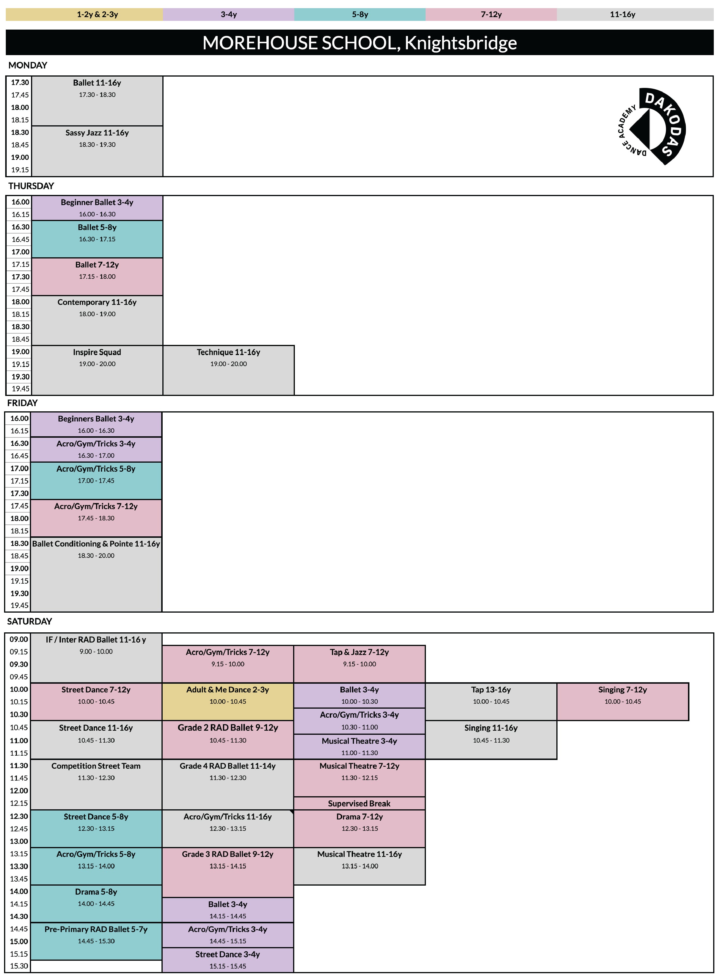 Schedule for Morehouse School Knightsbridge with colorful cells and a logo at the top.