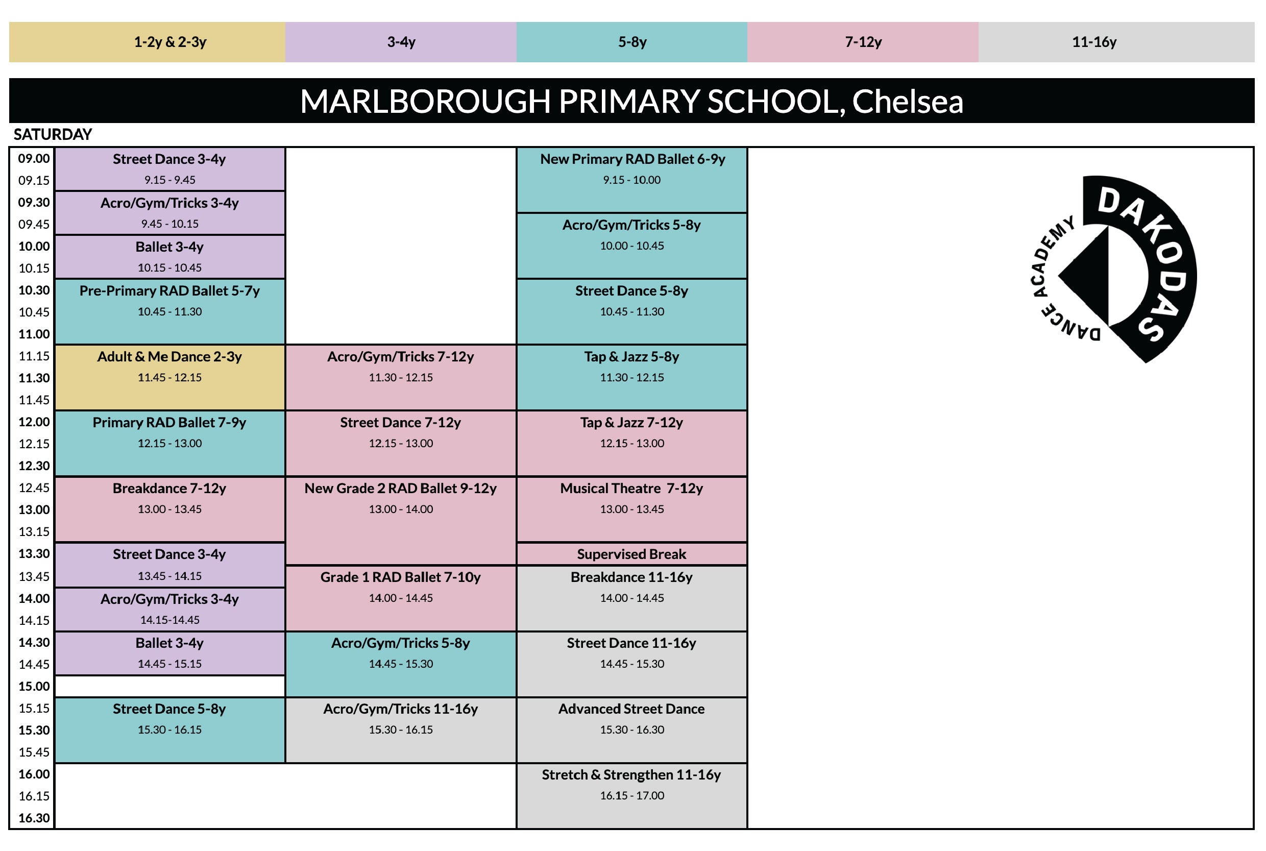 Schedule for Marlborough Primary School, Chelsea with various activities and times listed.