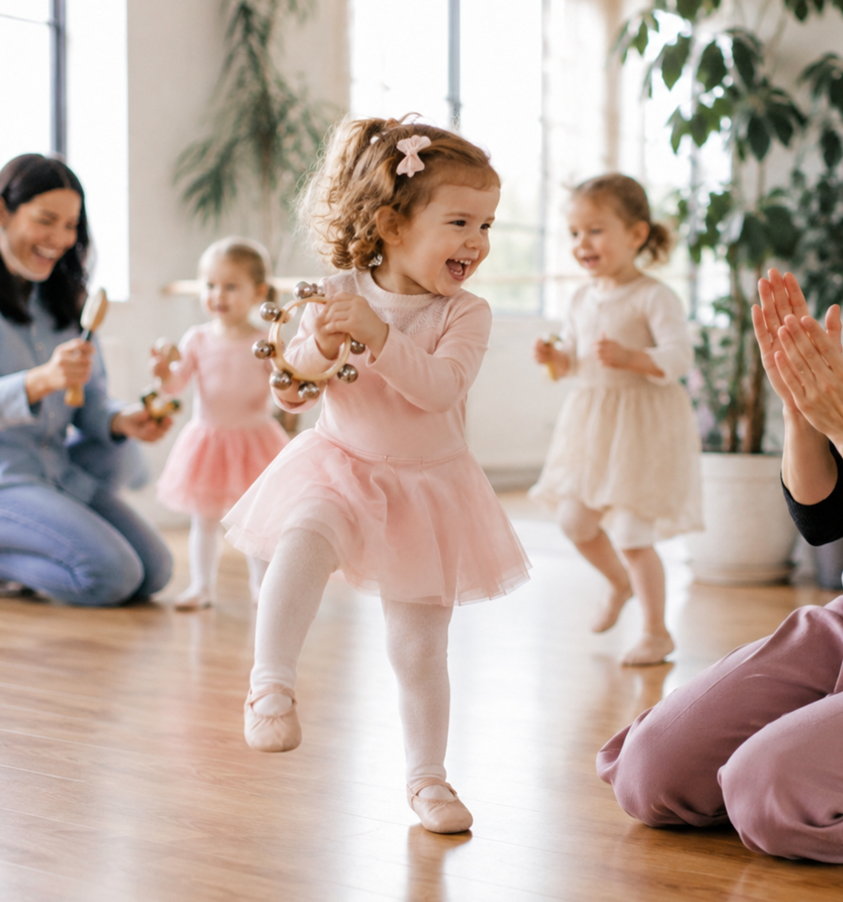 A young toddler girl in a pink tutu and white tights dances and claps in a bright dance room, surrounded by other children and adults.