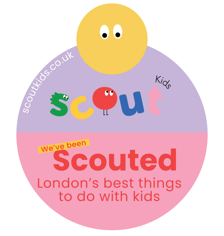 Circular logo with cartoon character for Scout Kids, featuring text about London's best things to do with kids.